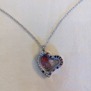 Floating Charm Locket Necklace Rhinestones Memory Pendant Silver Tone T5B8D